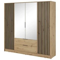 Armadio 206x200h cm 4 ante con specchio moderno quercia nero Miller