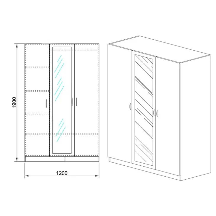 Armadio 120x190h cm 3 ante con specchio bianco Alina