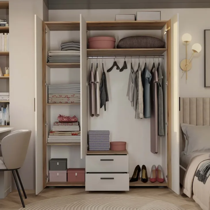 Armadio 150x200h cm 3 ante con specchio e 2 cassetti beige cashmere rovere Parker