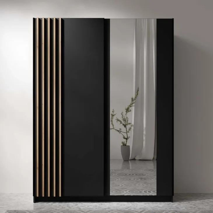 Armadio 150x198h cm 2 ante scorrevoli cannettato con specchio antracite rovere Cannes