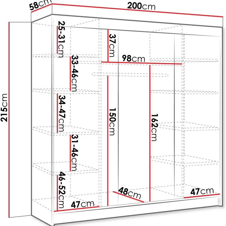 Armadio 200x215h cm 3 ante scorrevoli con specchio bianco opaco Silven