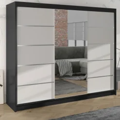 Armadio 200x215h cm 3 ante scorrevoli con specchio nero bianco opaco Silven