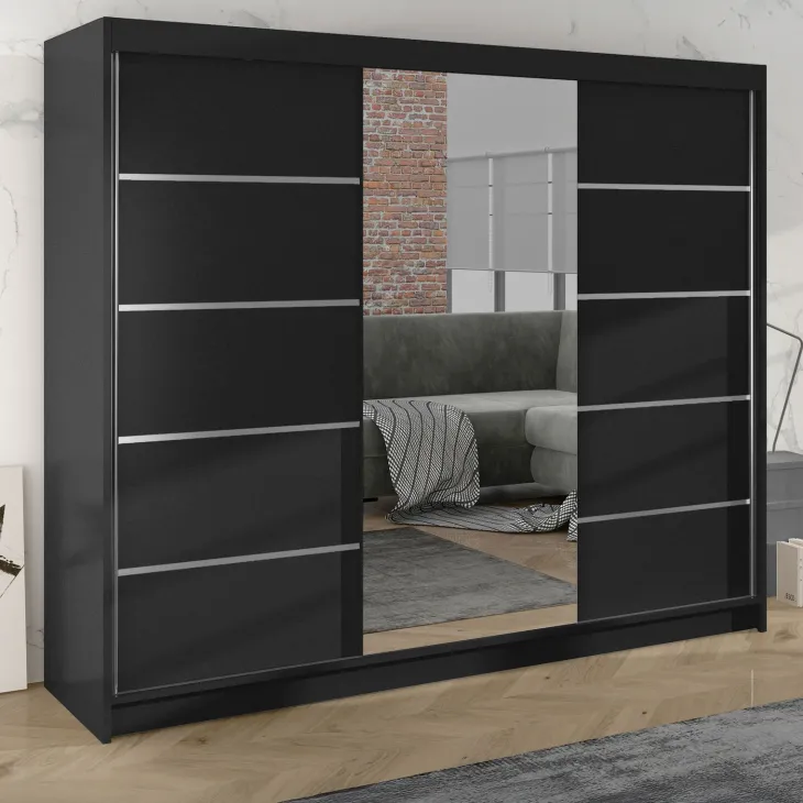 Armadio 200x215h cm 3 ante scorrevoli con specchio nero opaco Silven