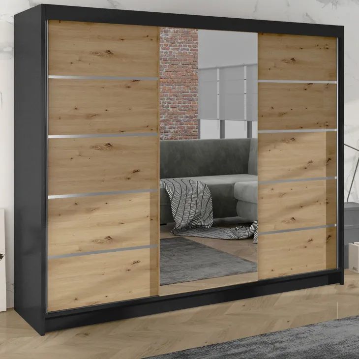 Armadio 200x215h cm 3 ante scorrevoli con specchio rovere nero opaco Silven