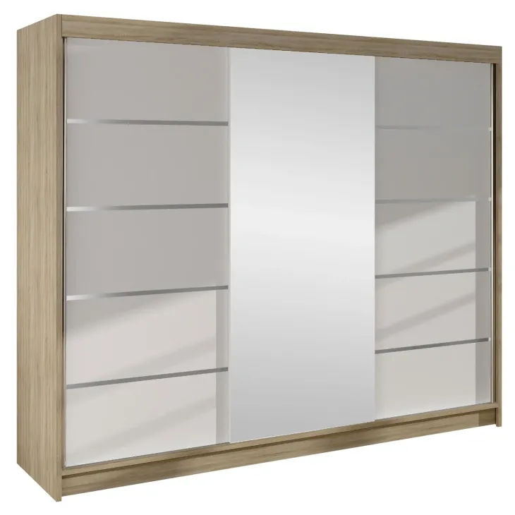 Armadio 200x215h cm 3 ante scorrevoli con specchio rovere sonoma bianco opaco Silven