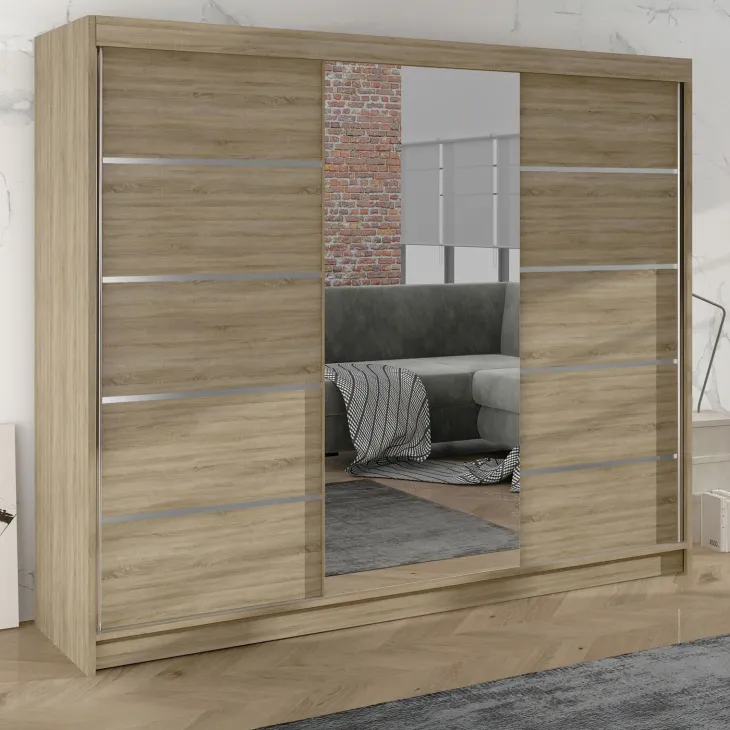 Armadio 200x215h cm 3 ante scorrevoli con specchio rovere sonoma Silven