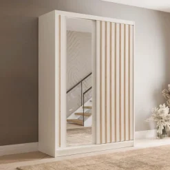 Armadio 155x215h cm 2 ante scorrevoli cannettato con specchio bianco rovere Vance