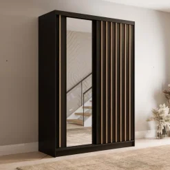 Armadio 155x215h cm 2 ante scorrevoli cannettato con specchio nero rovere Vance