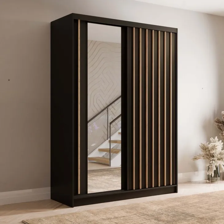 Armadio 155x215h cm 2 ante scorrevoli cannettato con specchio nero rovere Vance