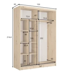 Armadio 155x215h cm 2 ante scorrevoli cannettato con specchio nero rovere Vance