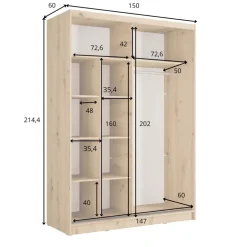 Armadio 155x215h cm 2 ante scorrevoli cannettato con specchio rovere nero Vance