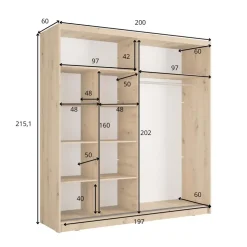 Armadio 205x215h cm 2 ante scorrevoli cannettato con specchio bianco rovere Vance