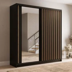 Armadio 205x215h cm 2 ante scorrevoli cannettato con specchio nero rovere Vance