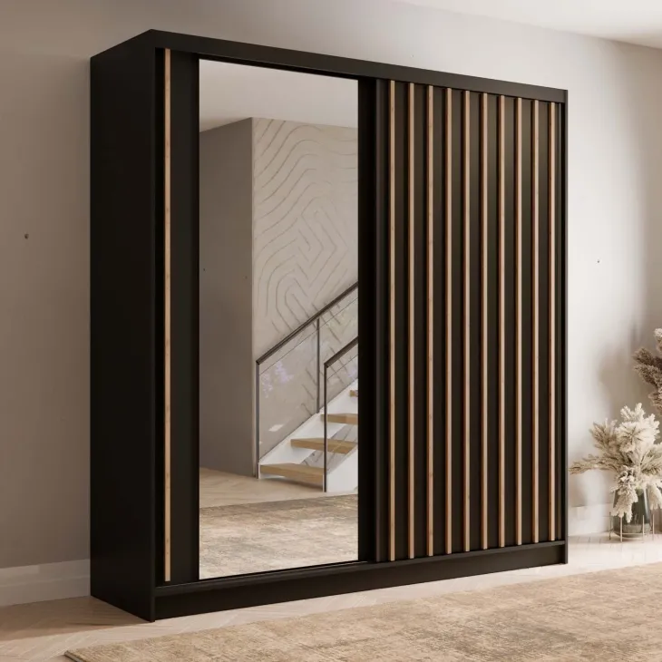Armadio 205x215h cm 2 ante scorrevoli cannettato con specchio nero rovere Vance