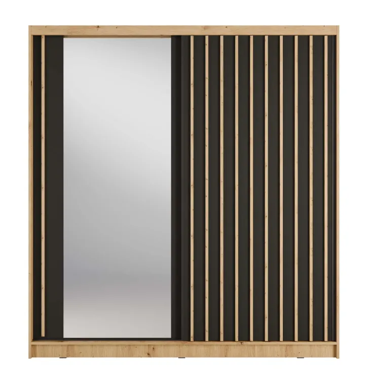 Armadio 205x215h cm 2 ante scorrevoli cannettato con specchio rovere nero Vance
