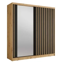 Armadio 205x215h cm 2 ante scorrevoli cannettato con specchio rovere nero Vance