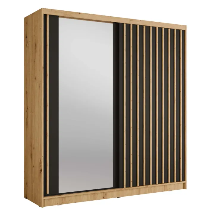 Armadio 205x215h cm 2 ante scorrevoli cannettato con specchio rovere nero Vance