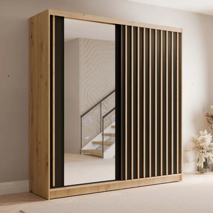 Armadio 205x215h cm 2 ante scorrevoli cannettato con specchio rovere nero Vance