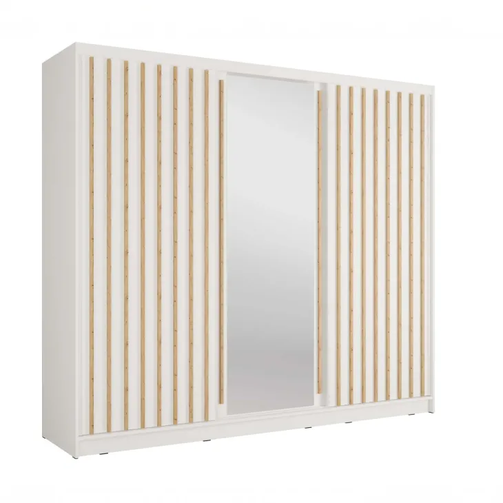 Armadio 248x215h cm 3 ante scorrevoli cannettato con specchio bianco rovere Vance