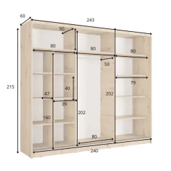 Armadio 248x215h cm 3 ante scorrevoli cannettato con specchio bianco rovere Vance