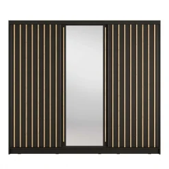 Armadio 248x215h cm 3 ante scorrevoli cannettato con specchio nero rovere Vance