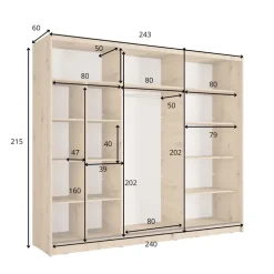 Armadio 248x215h cm 3 ante scorrevoli cannettato con specchio rovere nero Vance