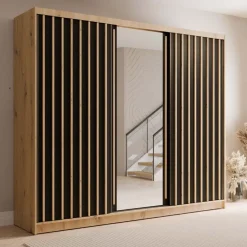 Armadio 248x215h cm 3 ante scorrevoli cannettato con specchio rovere nero Vance