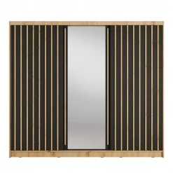 Armadio 248x215h cm 3 ante scorrevoli cannettato con specchio rovere nero Vance