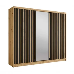 Armadio 248x215h cm 3 ante scorrevoli cannettato con specchio rovere nero Vance
