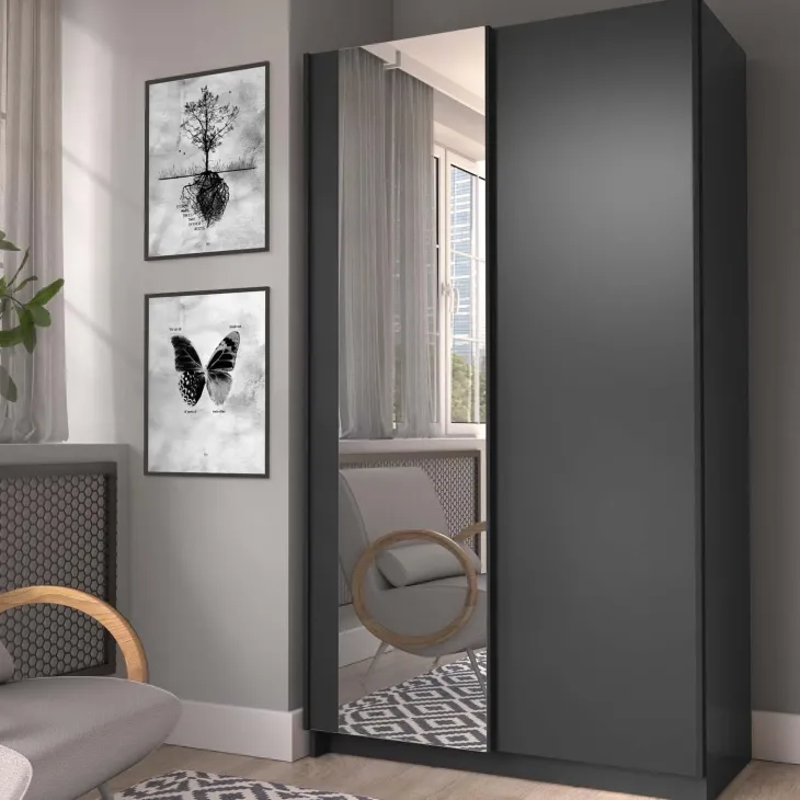 Armadio 100x182h cm 2 ante scorrevoli con specchio nero Medora