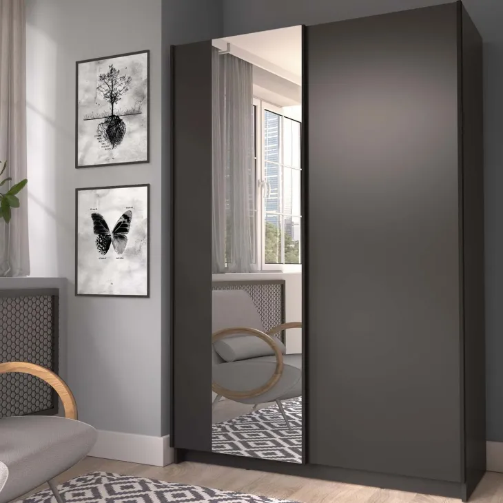 Armadio 120x182h cm 2 ante scorrevoli con specchio nero Medora