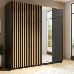 Armadio 200x198h cm 2 ante scorrevoli cannettato con specchio nero rovere Ophelia