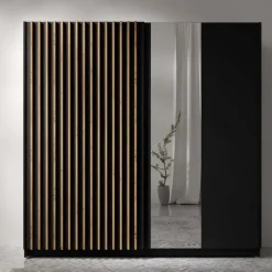 Armadio 200x198h cm 2 ante scorrevoli cannettato con specchio nero rovere Ophelia
