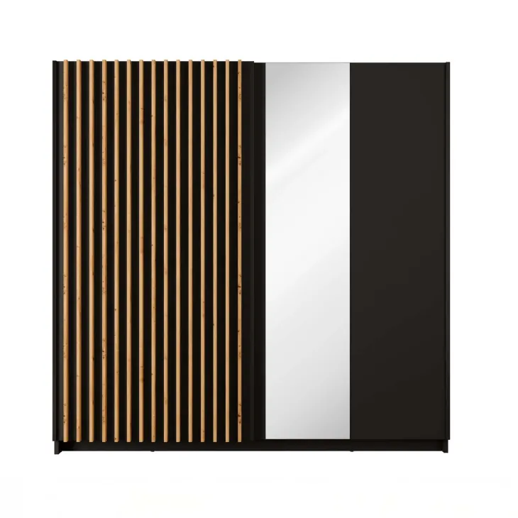 Armadio 200x198h cm 2 ante scorrevoli cannettato con specchio nero rovere Ophelia