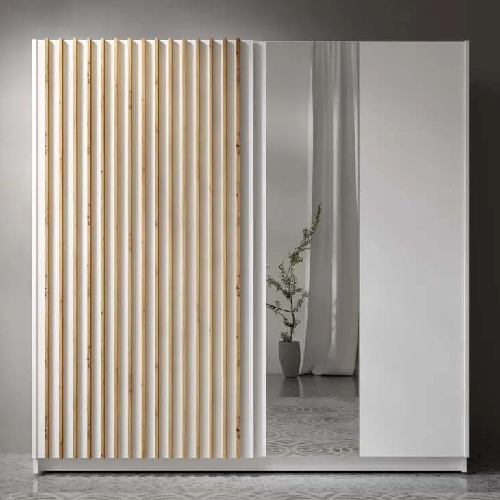 Armadio 200x198h cm 2 ante scorrevoli cannettato con specchio bianco rovere Ophelia