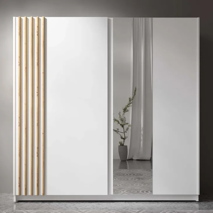 Armadio 200x198h cm 2 ante scorrevoli cannettato con specchio bianco rovere Cannes