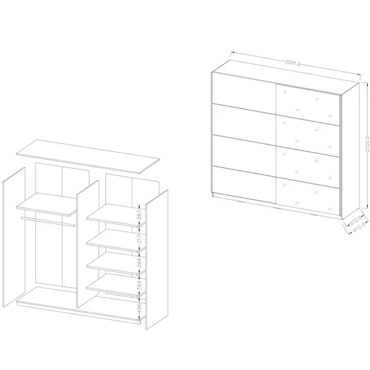 Armadio 200x210h cm 2 ante scorrevoli con specchio bianco opaco Pascal Gihome®