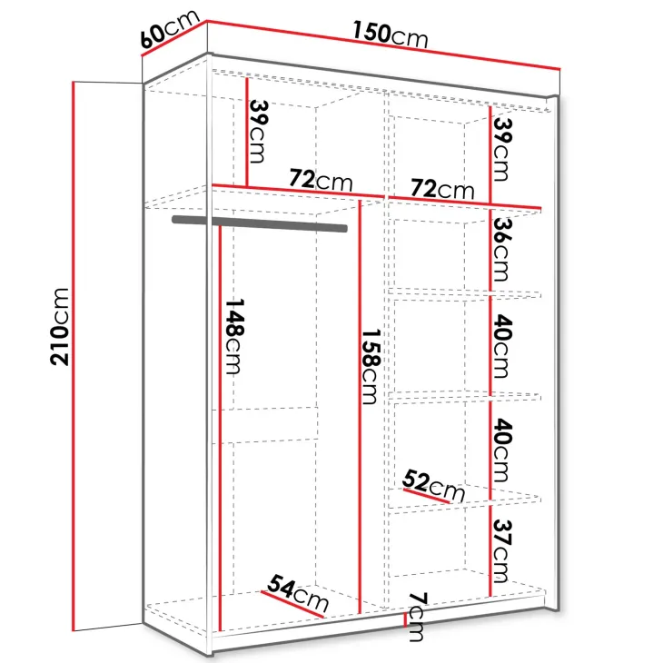 Armadio 150x210h cm 2 ante scorrevoli con specchio bianco Lilly