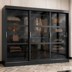 Armadio 250x203h cm 3 ante scorrevoli vetrate 4 cassetti nero opaco Nivora