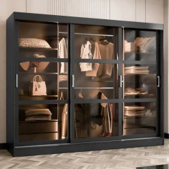 Armadio 250x203h cm 3 ante scorrevoli vetrate 4 cassetti con illuminazione a LED nero opaco Nivora