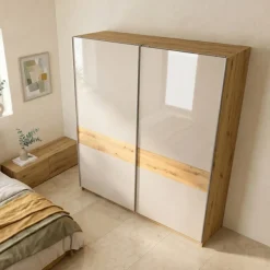 Armadio 200x215h cm 2 ante scorrevoli beige cashmere lucido rovere Elara