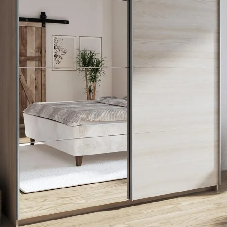 Armadio 180x219h cm 2 ante scorrevoli moderno rovere chiaro specchio Caracas