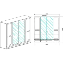 Armadio 203x205h cm 4 ante specchi 4 cassetti bianco opaco Loira