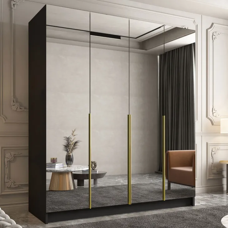 Armadio 200x215h cm 4 ante 4 specchi moderno nero oro Glammy 4