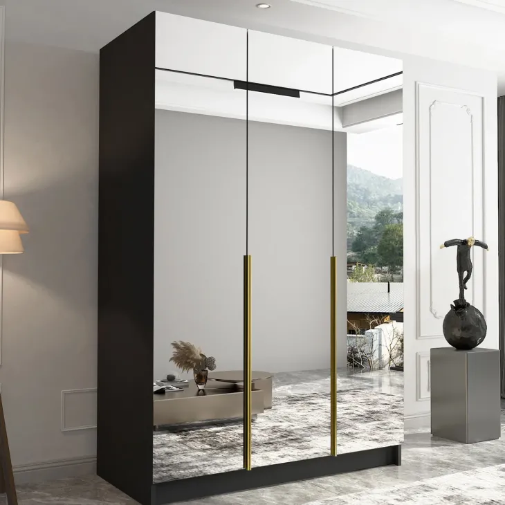 Armadio 150x215h cm 3 ante 3 specchi moderno nero oro Glammy 3