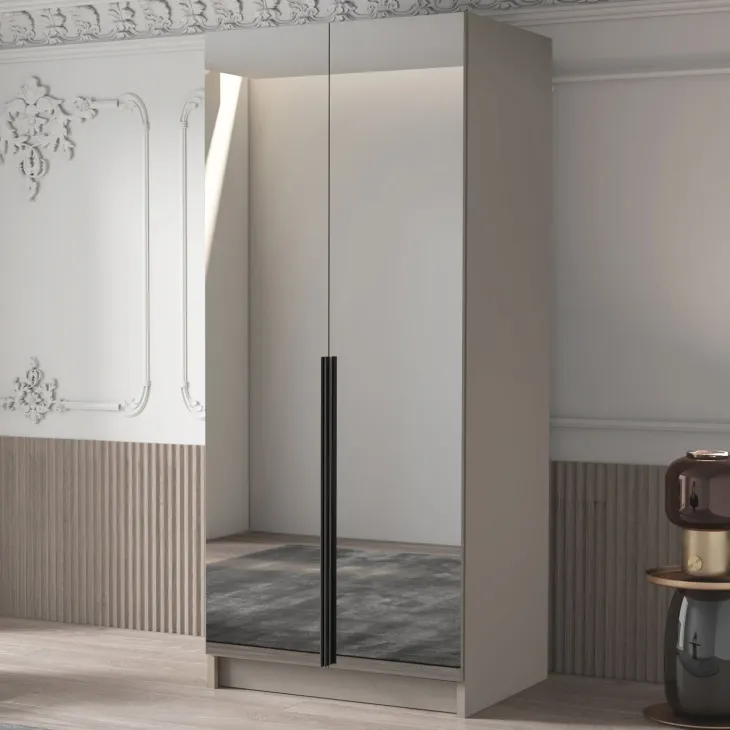 Armadio 100x215h cm 2 ante 2 specchi moderno beige nero Glammy 2