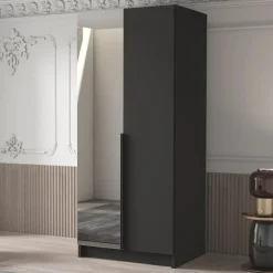 Armadio 100x215h cm 2 ante 1 specchio moderno nero Glammy 2