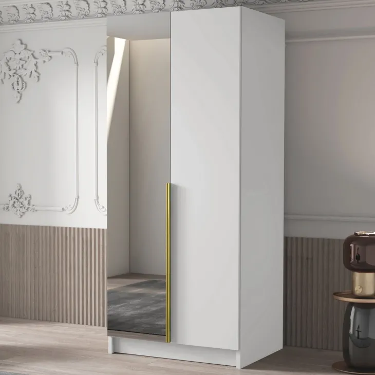 Armadio 100x215h cm 2 ante 1 specchio moderno bianco oro Glammy 2
