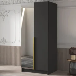 Armadio 100x215h cm 2 ante 1 specchio moderno nero oro Glammy 2