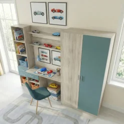 Armadio 220x180h cm cameretta con scrivania e libreria rovere blu petrolio Alex Gihome®